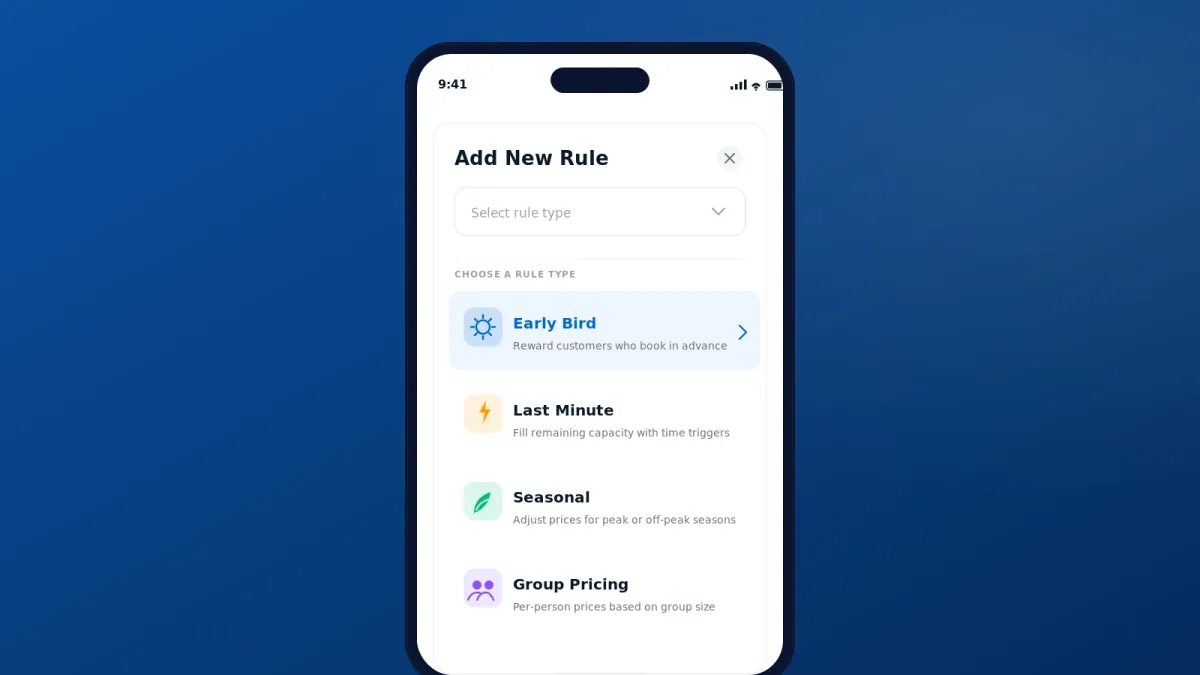 Zuru Add New Rule screen on a phone showing Early Bird, Last Minute, Seasonal, and Group Pricing rule types