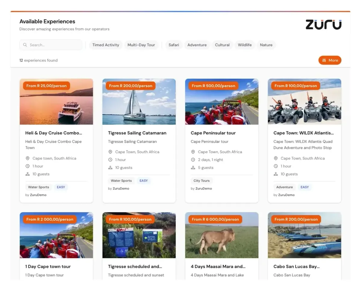 Zuru Marketplace - Global platform showing available experiences with search and booking functionality