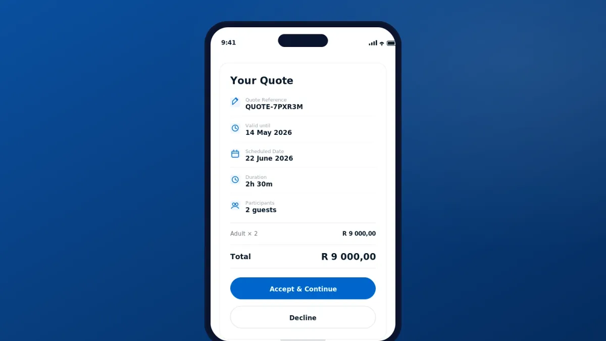 Branded Zuru quote on a phone with reference, schedule, total, and Accept & Continue button