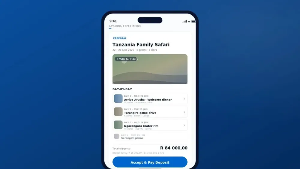 Branded Zuru proposal on a phone showing Tanzania Family Safari with day-by-day itinerary and Accept & Pay Deposit button