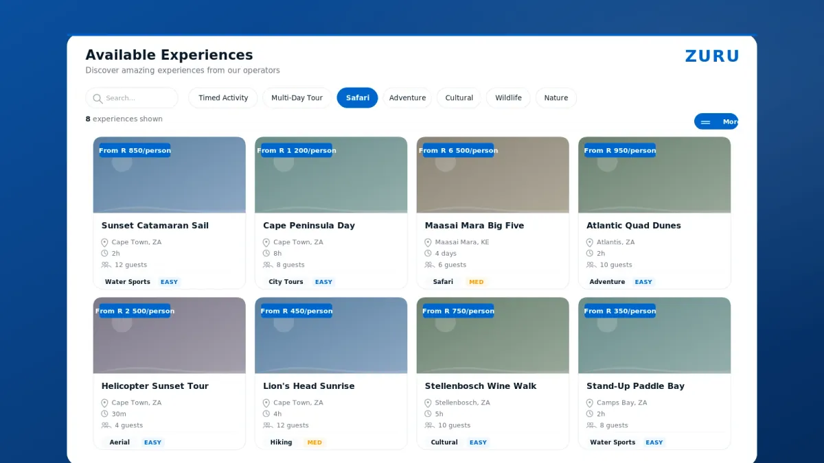 Zuru operator page showing a branded booking website with available experiences